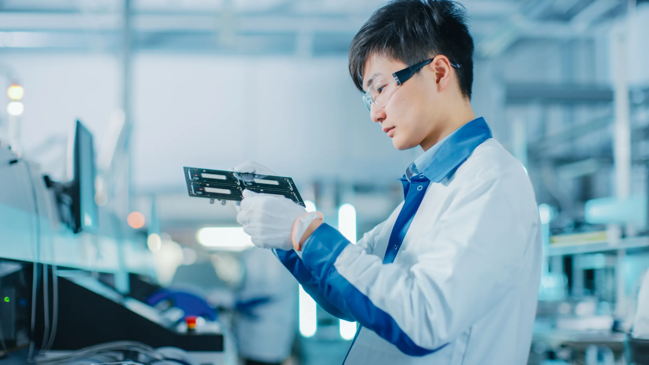 Guaranteed A semiconductor recruitment hire in glasses and a lab coat examines a motherboard in the lab.
