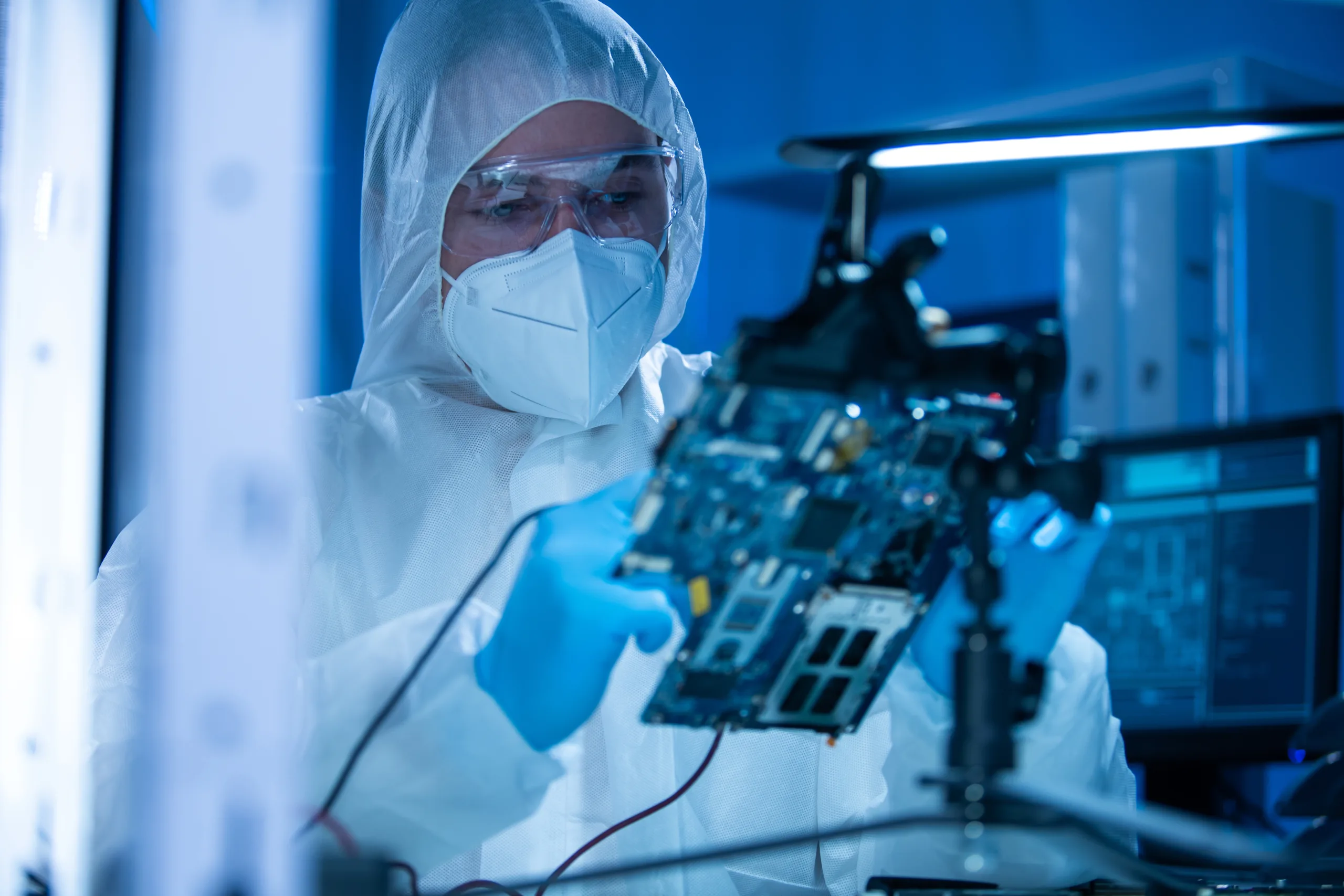 A semiconductor technician in a white protective suit, safety goggles, and N95 mask inspects a circuit board in a semiconductor laboratory. The words 'SEMICONDUCTOR' are in the foreground.