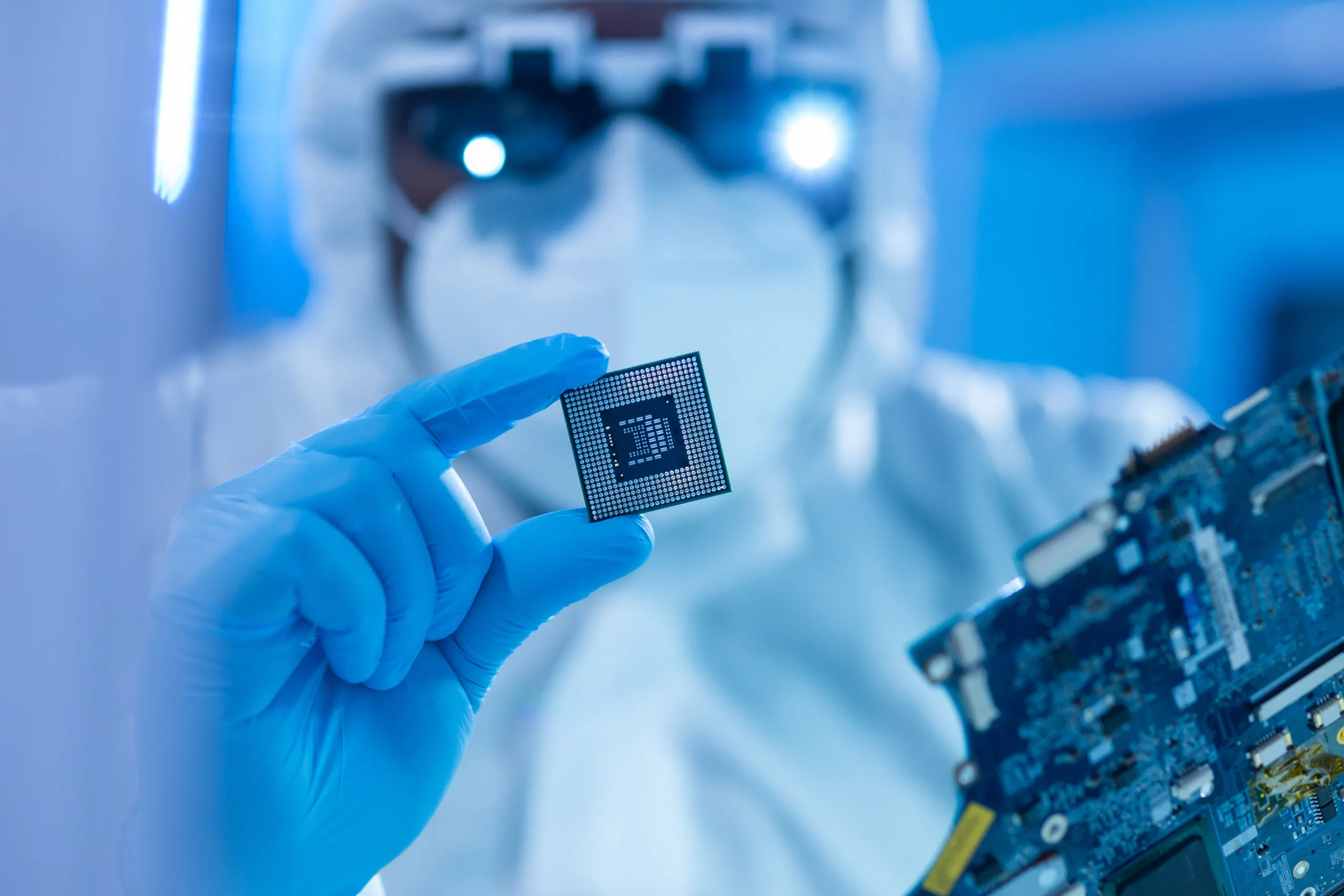 Proven A semiconductor recruitment employee wearing blue rubber gloves inspects a microchip.